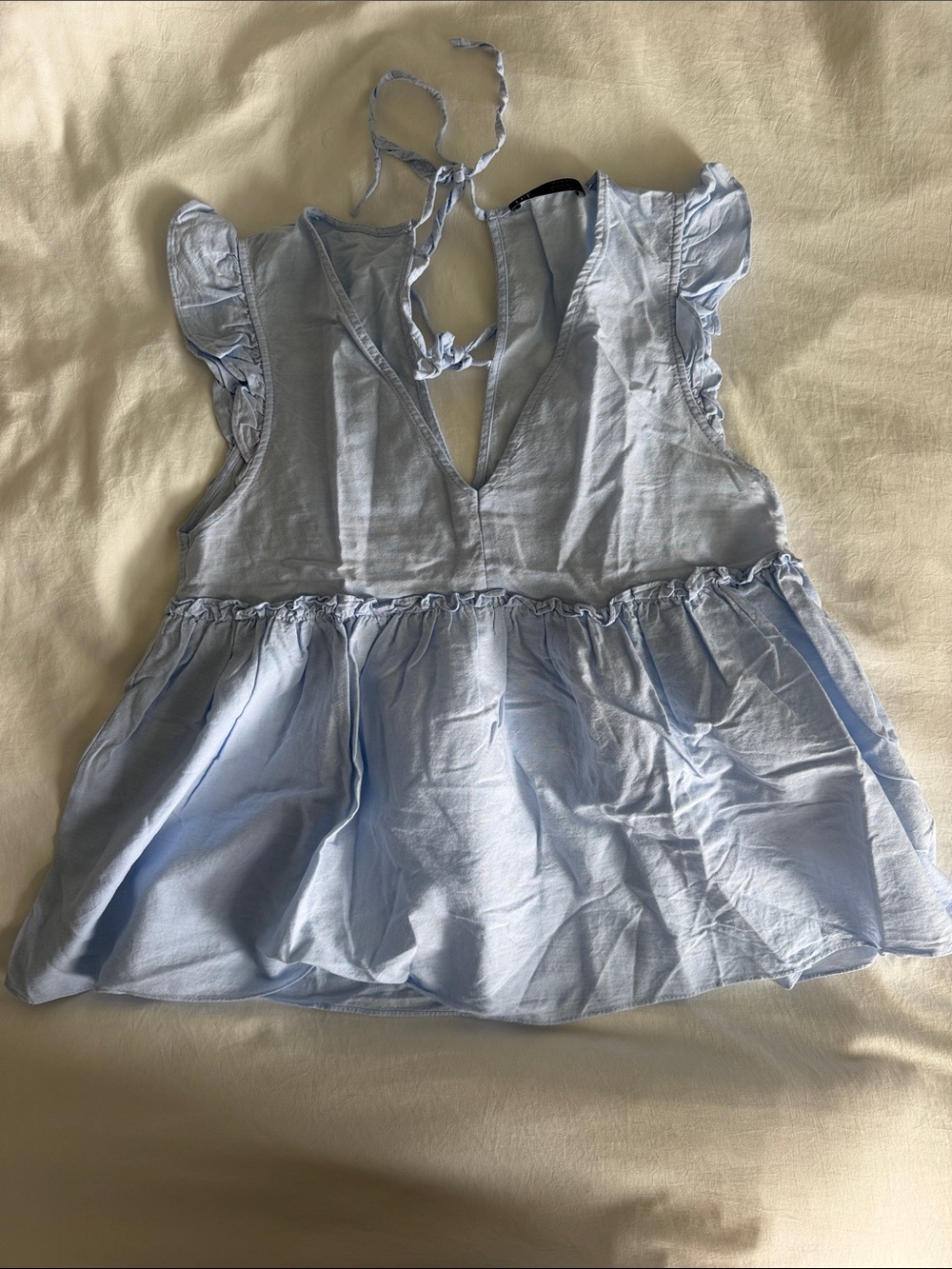 ZARA Light Blue Ruffle Tie-Back Peplum Top - Women